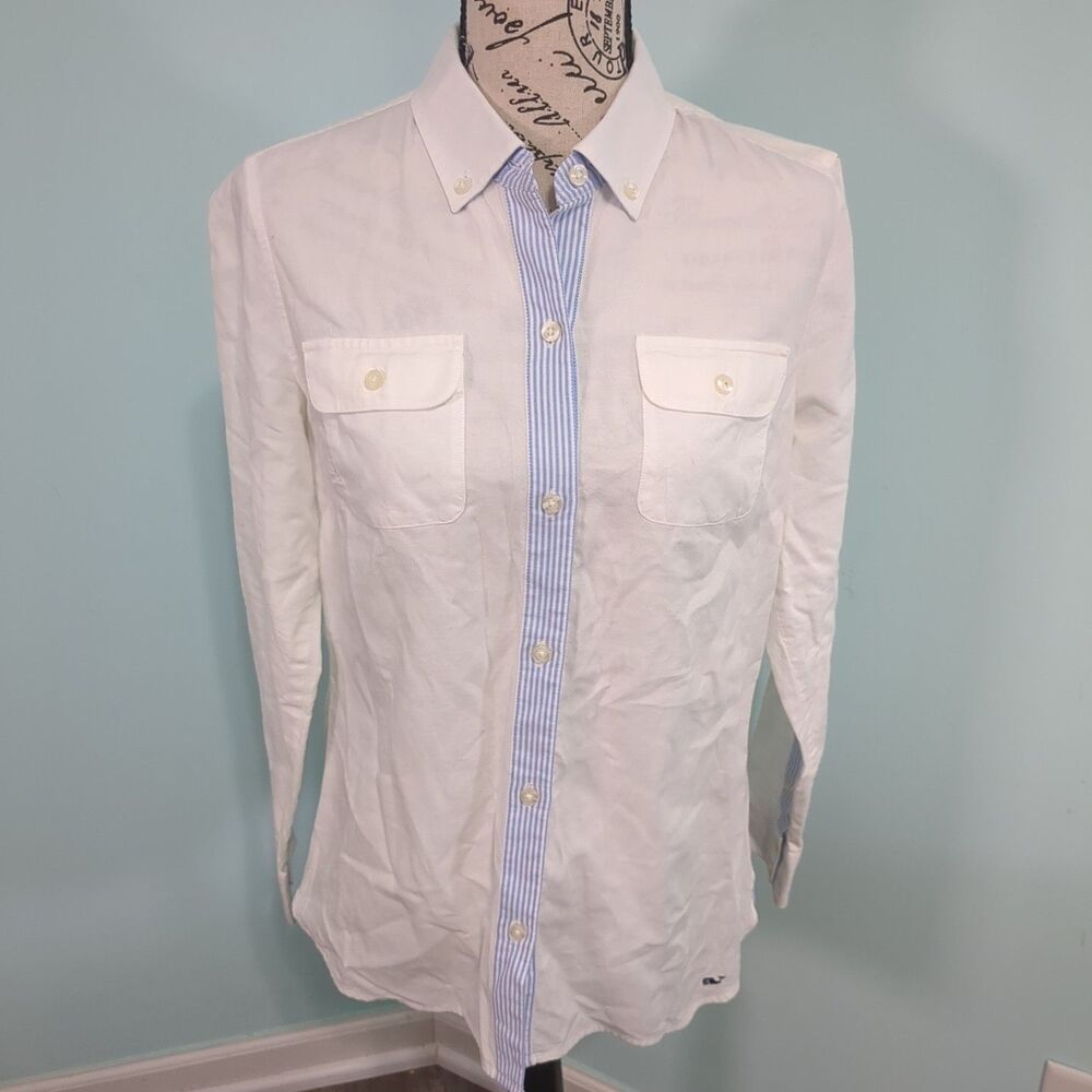 Vineyard Vines Womens Size 6 White Button Down Oxford w/ Blue Striped Detailing